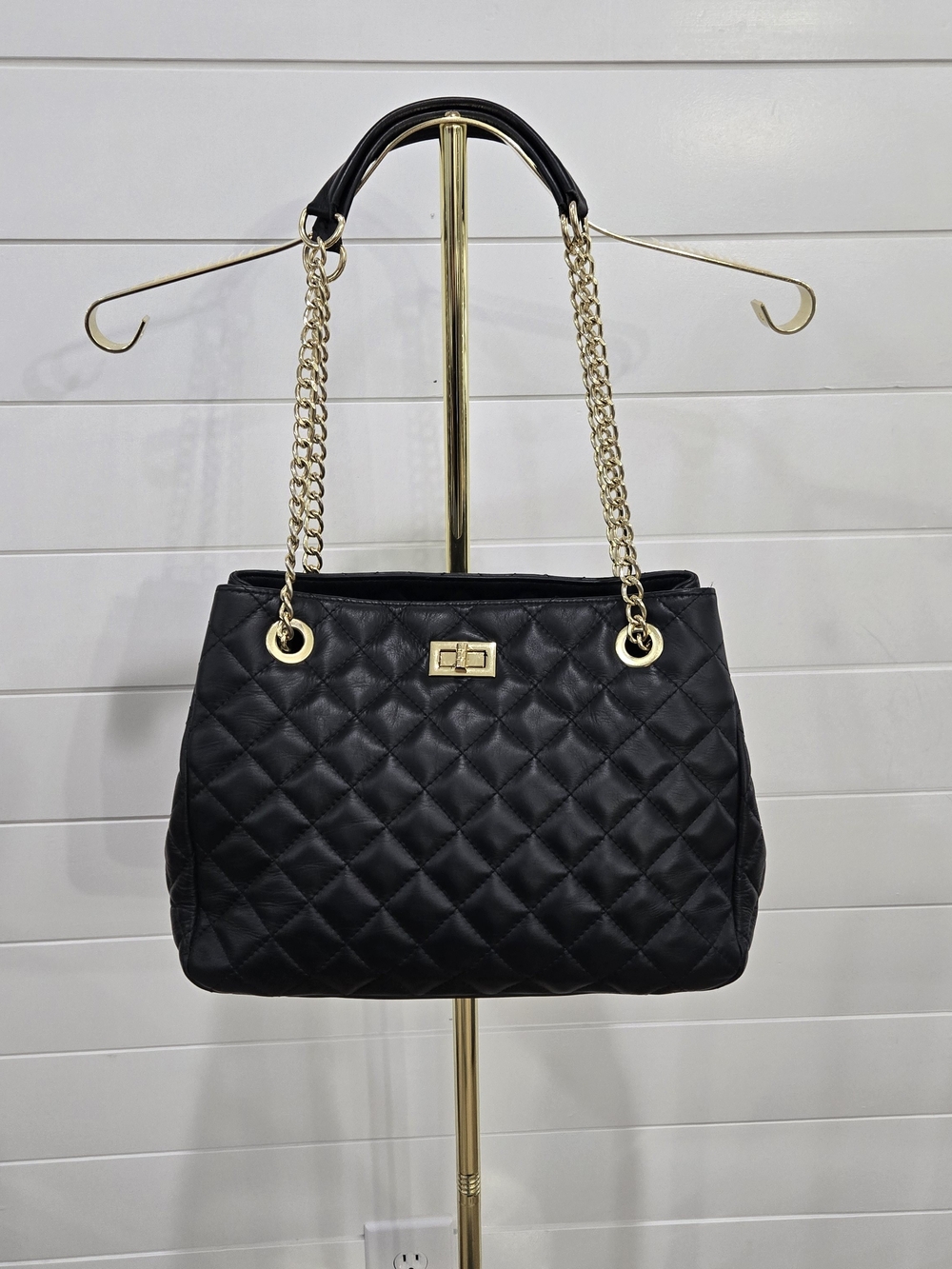 Isabella Rhea Quilted Black Genuine Italian Leather Purse with Gold Chain Straps
